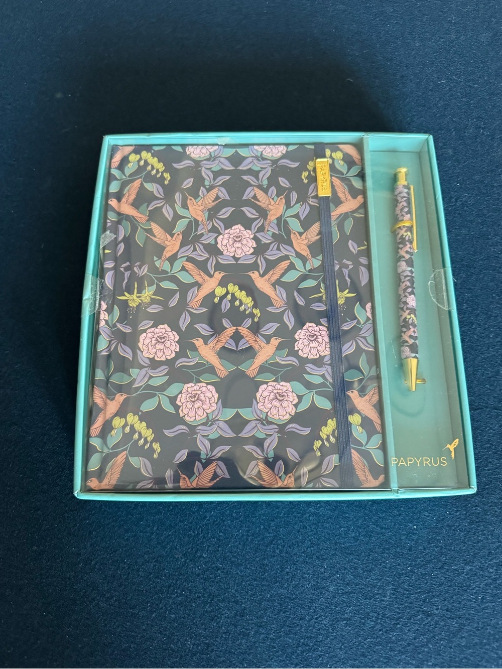 Papyrus Teal Gift Box beautiful notebook& coordinating pen. Floral/bird design
